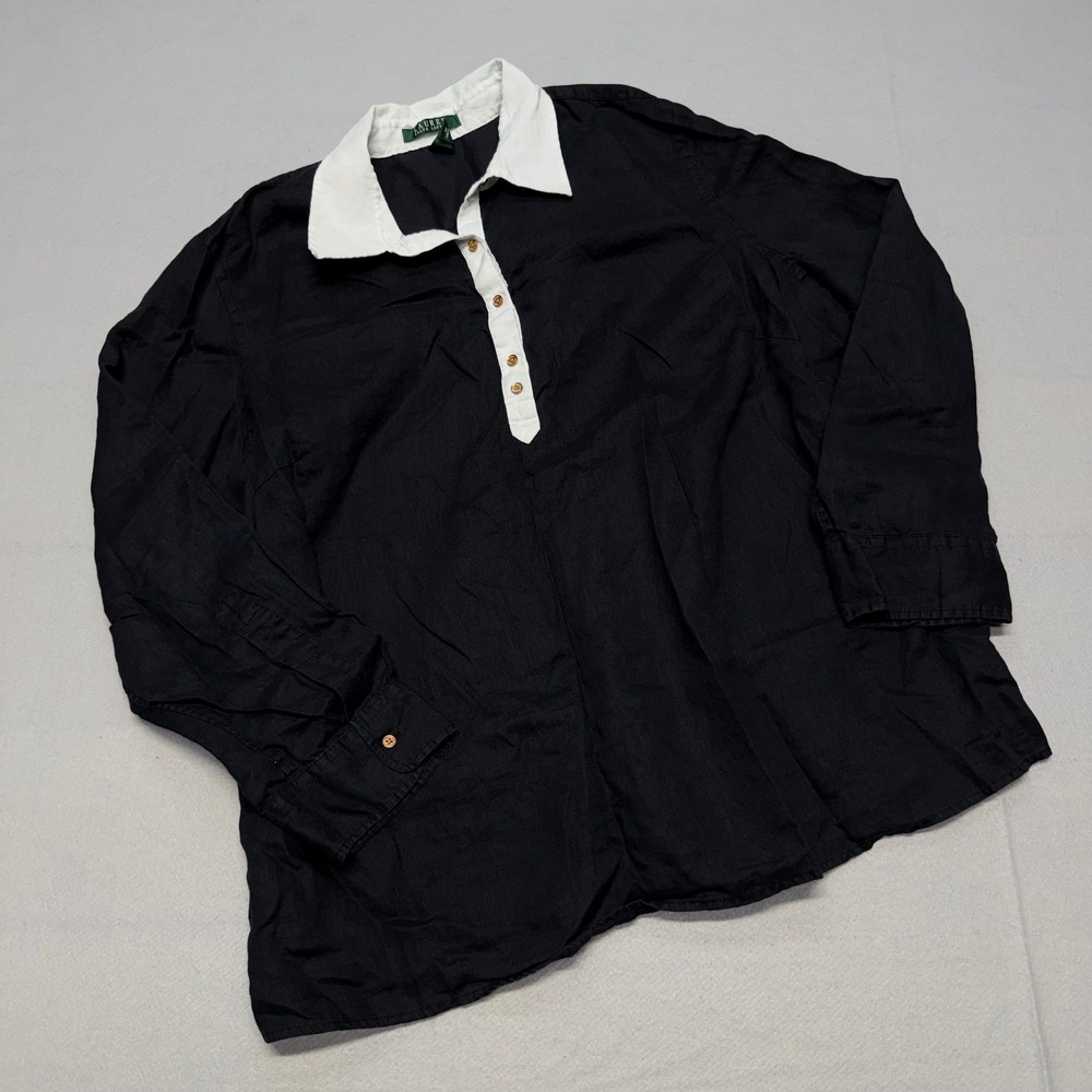 Lauren Ralph Lauren Women 2X Black Linen Tunic Shirt White Collar Roll Tab